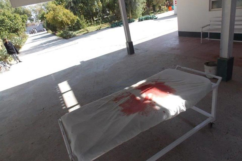 A blood-stained stretcher